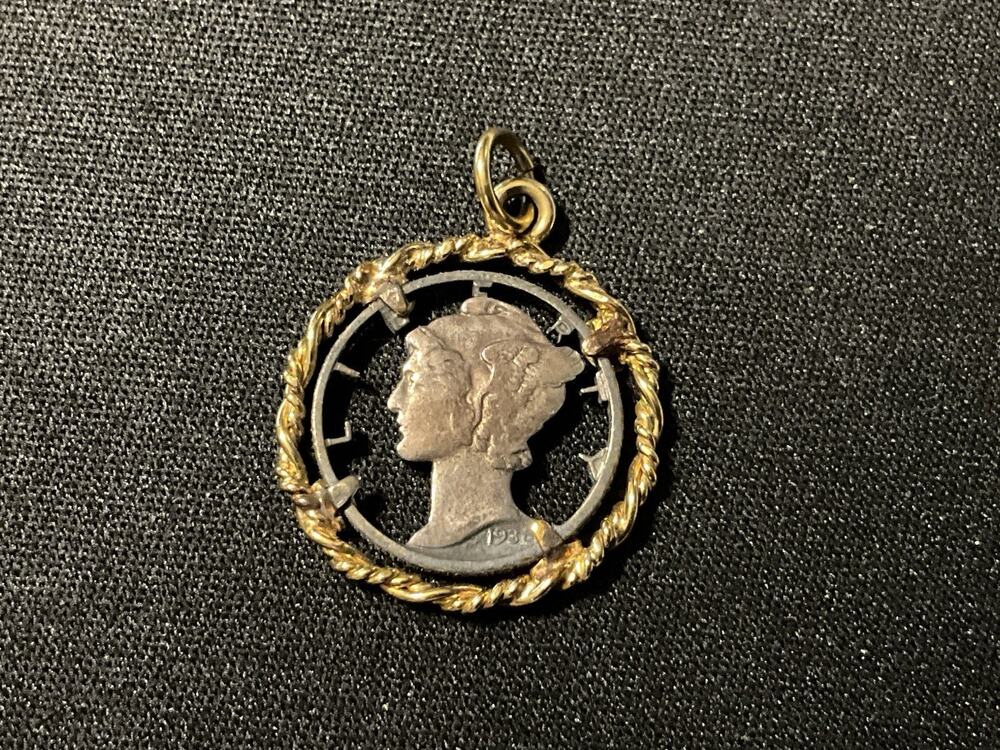 1936 Mercury Dime Cutout Pendant Set In Gold Plate Rope